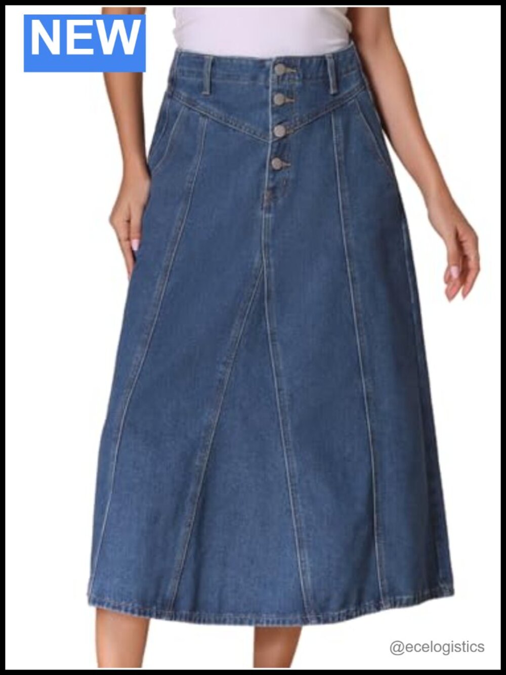 High Waisted A-Line Denim Maxi Skirt Button Down Side Pockets Casual
